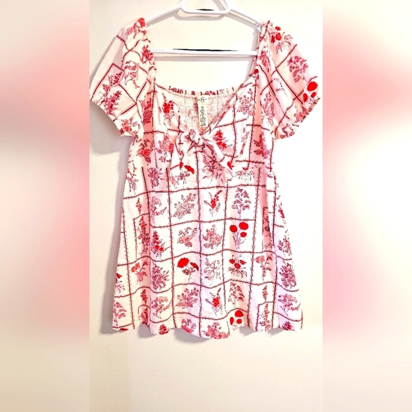 Jessica Simpson Floral Red White Dress Linen Blend Mini Short Sleeve Size XL - Picture 1 of 6